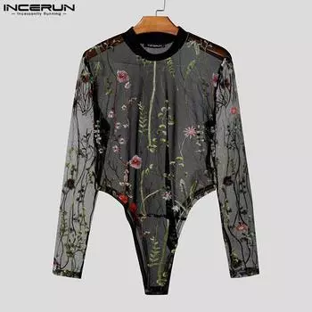 INCERUN Men Long Sleeve Embroidery Floral Mesh See Through Party Clubwear Bodysuits Jumpsuits S