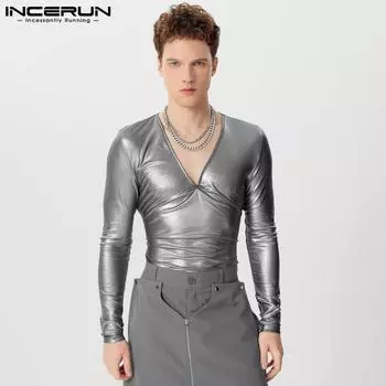 INCERUN Мужские облегающие топы с длинным рукавом и V-образным вырезом, блестящие серебристые майки S серебряный