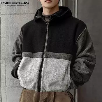 INCERUN Men Long Sleeve Fleece Zipper Stitching Jackets Short Coats S зелёный