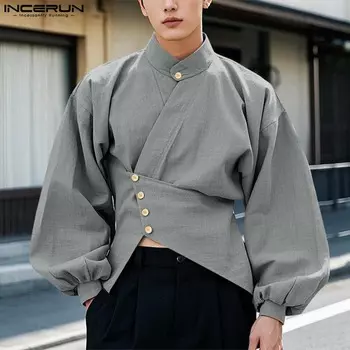 INCERUN Мужские Топы и рубашки с длинным рукавом, спереди крест-накрест, повседневные, асимметричные L