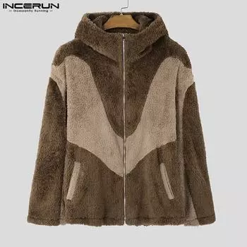 INCERUN Men Long Sleeve Furry Zipper Hoodies Patchwork Casual High Neck Sweatshirts S чёрный