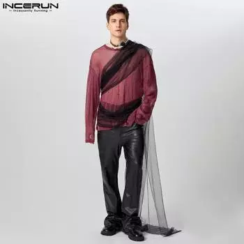 INCERUN Men Long Sleeve Glitter See Through Loose Shirts Long Ribbon Patchwork Tops L вино красного