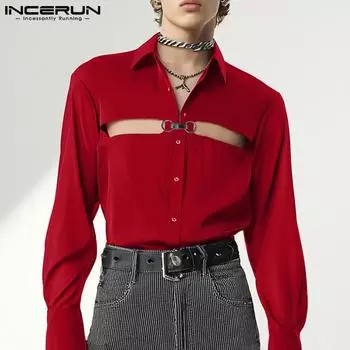 INCERUN Мужские рубашки с длинным рукавом и полыми пуговицами для повседневных вечеринок 2XL чёрный