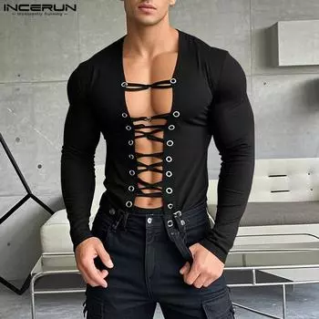 INCERUN Men Long Sleeve Hollow Out Lace-up Bandage Skinny T-shirts Tops 4XL