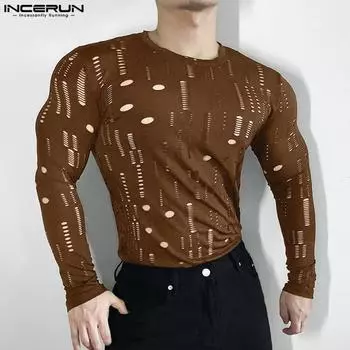 INCERUN Men Long Sleeve Hollow Out T-shirts Loose Casual Tops 4XL чёрный