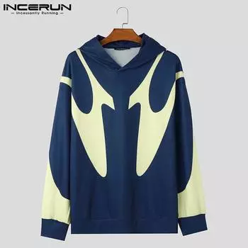 INCERUN Men Long Sleeve Hoodies Print Stitching Casual Hooded Sweatshirts M бежевый