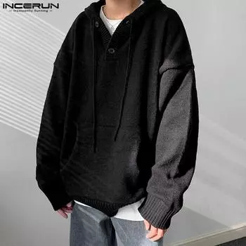 INCERUN Men Long Sleeve Knitted Hooded Pullovers Loose Drawstring Sweatshirts S чёрный