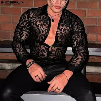 INCERUN Men Long Sleeve Lace Mesh Sheer Club Party See Through Tops T-shirts S