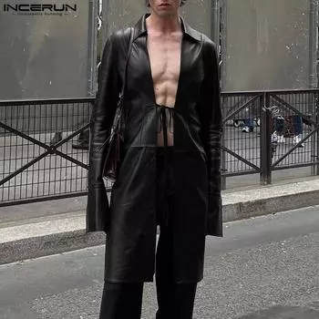 INCERUN Men Long Sleeve Lace Up Leather Jackets Casual PU Long Coats 4XL чёрный