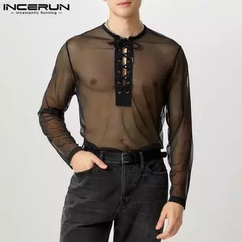 INCERUN Men Long Sleeve Lace Up See Through Mesh Sheer Tops Undershirts S