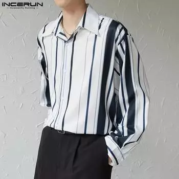 INCERUN Men Long Sleeve Lapel Neck Striped Buttons Up Casual Loose Shirts Tops S темно-синий