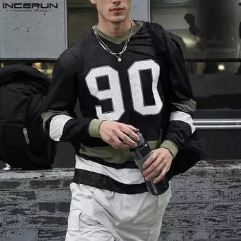 INCERUN Men Long Sleeve Letter Print Mesh Sheer T-shirts Tops 3XL чёрный