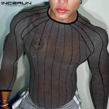 INCERUN Men Long Sleeve Mesh See Through Skinny T-shirts Partywear Clubwear S