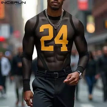 INCERUN Men Long Sleeve Mesh Sheer Letter Print T-shirts Fishnet Tops XL