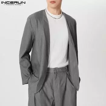 INCERUN Men Long Sleeve Open Front Solid Color Casual Thin Coats S чёрный