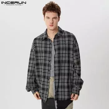 INCERUN Men Long Sleeve Plaid Shirts Oversized Casual Lapel Print Tops S чёрный