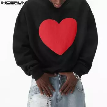 INCERUN Men Long Sleeve Print Loose Pullovers Sweatshirts 4XL красный