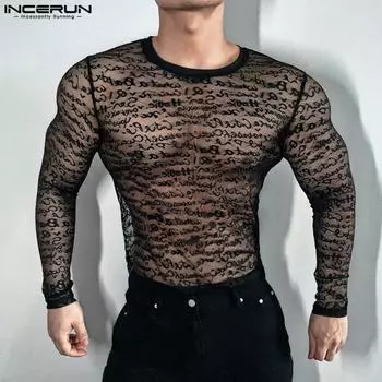 INCERUN Мужские сетчатые футболки с длинным рукавом и принтом для вечеринок, сексуальные прозрачные топы S