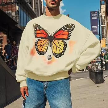 INCERUN Men Long Sleeve Print Pullovers Spring Casual Sweatshirts M бежевый