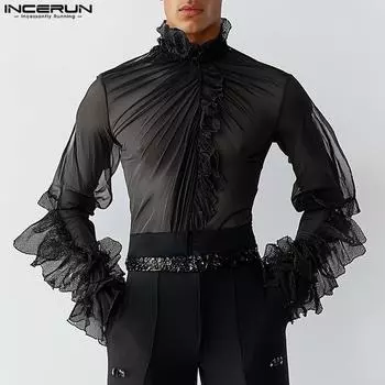 INCERUN Men Long Sleeve Ruffled Hem See Through Tops Party Mesh Shirts 4XL чёрный