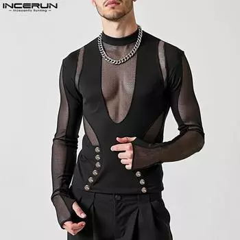 INCERUN Мужские обтягивающие прозрачные топы с длинным рукавом, сетчатые футболки в стиле пэчворк для вечеринок XL