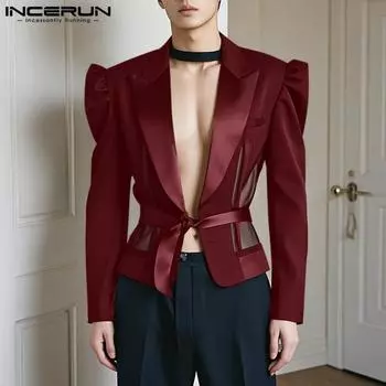 INCERUN Мужские летние пальто с длинным рукавом, гладкие, бандажные, тонкие, сетчатые, в стиле пэчворк S