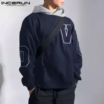 INCERUN Men Long Sleeve Stitching Hooded Print Sweatshirts Casual Hoodies S чёрный