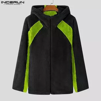 INCERUN Men Long Sleeve Stitching Zipper Fleece Jackets Hooded Coats S светло-серый