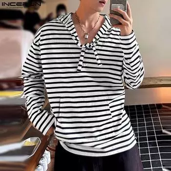 INCERUN Men Long Sleeve Striped Bandage Hooded Pullovers Print Sweatshirts S белый