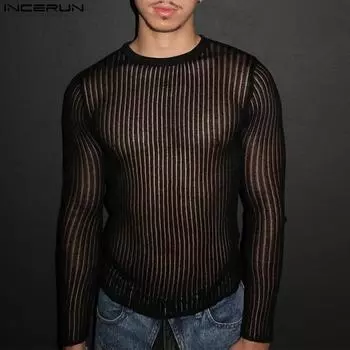 INCERUN Men Long Sleeve Striped Mesh See Through Skinny Party Club T-shirts Tops