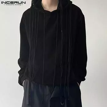 INCERUN Men Long Sleeve Tassel Casual Hooded Pullover Sweatshirts S чёрный