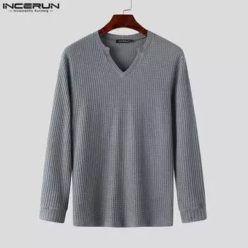 INCERUN Men Long Sleeve Texture Tops Casual Loose Pullover T-shirts 2XL чёрный