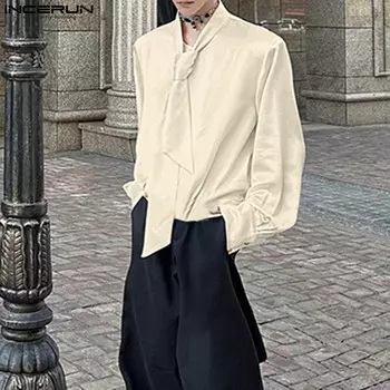 INCERUN Мужская рубашка с длинным рукавом и галстуком, элегантные весенние топы для вечеринок 3XL бежевый