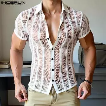 INCERUN Men Long Sleeve Turn-down Collar Hollow Out Striped Casual Beach Tops Shirts S чёрный