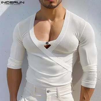 INCERUN Men Long Sleeve V Neck Fitted Knitted Casual Tops Undershirts 4XL чёрный
