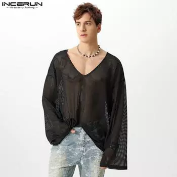 INCERUN Мужские футболки с длинным рукавом и V-образным вырезом, однотонные сетчатые прозрачные топы S чёрный