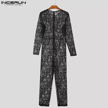 INCERUN Men Long Sleeve Zip Lace Jumpsuits Skinny Hollow Out Homewear Bodysuits S чёрный