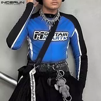 INCERUN Men Long Sleeve Zipper Print Casual Slim Basics Tops Undershirts S синий