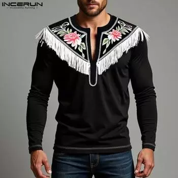 INCERUN Men Long Sleeved Shirts Casual V Neck Print Tassel Tops S чёрный