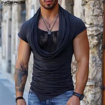 INCERUN Men Low Cut Cowl Neck Slim Short Sleeve Tops Party Fitted Lace Patchwork T-shirts