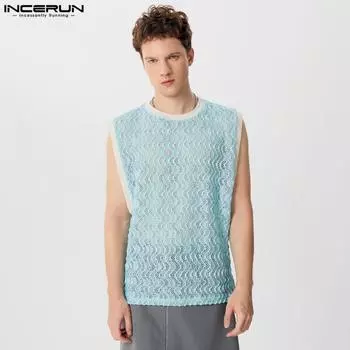 INCERUN Мужские сетчатые майки без рукавов с кружевным лоскутным узором Летний жилет S синий