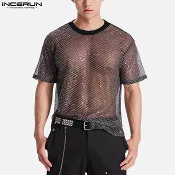 INCERUN Men Mesh Sheer T-shirts Round Neck Glitter See Through Party Tops S