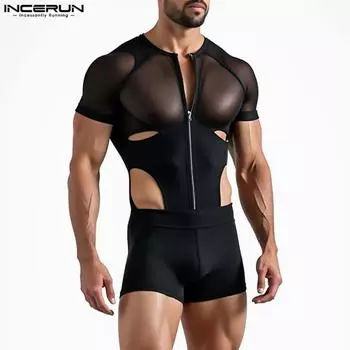 INCERUN Men Mesh Zip-up Long Sleeve Patchwork See Through Short Romper Jumpsuits Bodysuits S