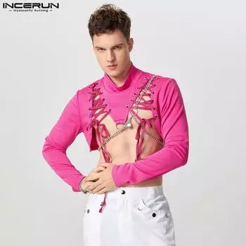 INCERUN Men Mockneck Bandage Long Sleeve Irregular Split Cropped Tops T-Shirts 3XL чёрный