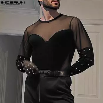 INCERUN Men Mockneck Long Sleeve Beading Patchwork Mesh Sheer Gloves Tops T-shirts S