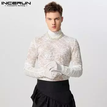 INCERUN Мужские топы с воротником-стойкой и длинными рукавами, кружевные сетчатые прозрачные тонкие майки S
