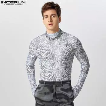 INCERUN Men Mockneck Long Sleeve Printed Slim Glove Tops See Through T-shirts S чёрный