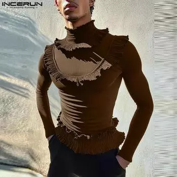 INCERUN Men Mockneck Long Sleeve Rib Fitted Undershirts Ruffled Casual Tops M чёрный