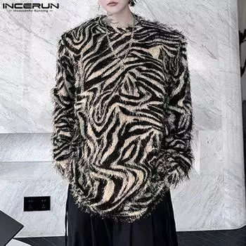 INCERUN Men Mockneck Long Sleeve Striped Print T-shirt Casual Loose Tassel Tops S чёрный