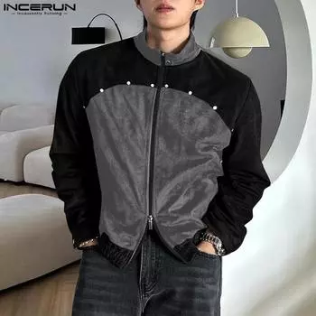 INCERUN Men Mockneck Long Sleeve Zipper Up Jackets Patchwork Coats 4XL серый